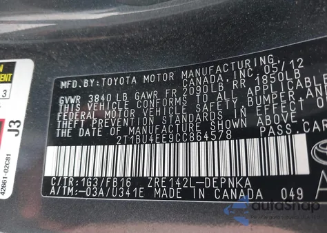 2012 Toyota Corolla Le z USA, uszkodzony, nr VIN 2T1BU4EE9CC864578